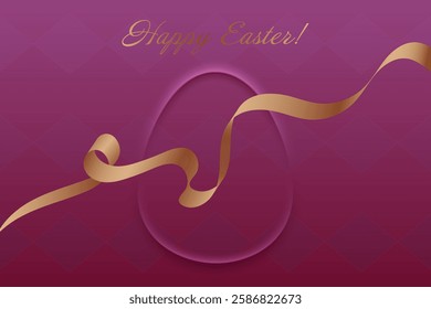 Christian Holiday. Easter greeting card, golden ribbon, warm purple background, religious tradition, resurrection of Christ, faith, spiritual awakening, church celebration, peace, devotion.