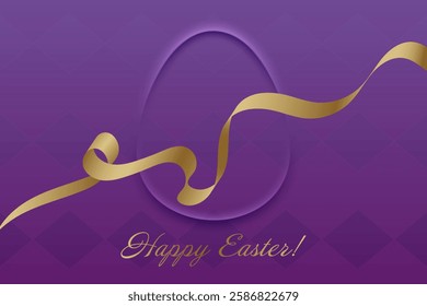 Christian Holiday. Easter greeting card, golden ribbon, warm purple background, religious tradition, resurrection of Christ, faith, spiritual awakening, church celebration, devotion, peace.