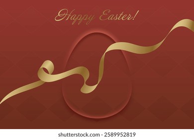 Christian Holiday. Easter greeting card, golden ribbon, warm red background, religious tradition, resurrection of Christ, faith, spiritual awakening, church celebration, peace, devotion.