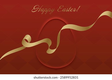 Christian Holiday. Easter greeting card, golden ribbon, deep red background, religious tradition, resurrection of Christ, faith, spiritual awakening, church gathering, devotion.