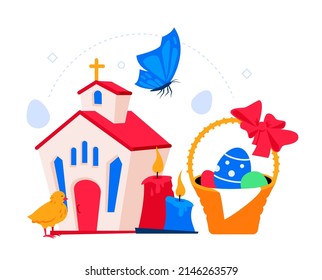 Christliche Osterferien - modernes, farbiges Vektorplakat auf weißem Hintergrund mit Kirchengebäude, großem Korb mit bunten Eiern, Huhn, brennenden Kerzen und blauem Schmetterling. Frühlingssorge