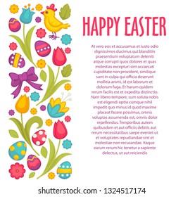 Christian holiday traditions and customs happy Easter wish vector bird and chicken color eggs and tulip flowers greeting and celebration floristry and botany festive decor banner.
