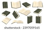 Christian Holy Bible Book. Vector illustrations depict a set of Holy Bible books that open, close, showing cover. Religious Text Containing Stories And Prophecies.