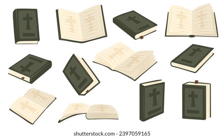 Christian Holy Bible Book. Vector illustrations depict a set of Holy Bible books that open, close, showing cover. Religious Text Containing Stories And Prophecies.