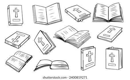 Christian Holy Bible Book. Vector illustrations depict a set of Holy Bible books that open, close, showing cover. Religious Text Containing Stories And Prophecies.