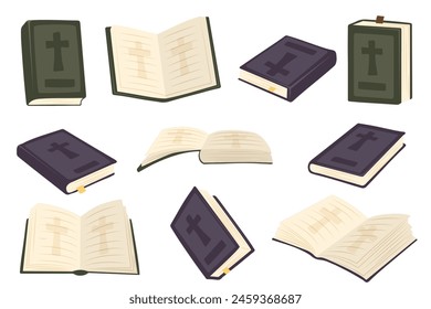 Christian Holy Bible Book. Vector illustrations depict a set of Holy Bible books that open, close, showing cover. Religious Text Containing Stories And Prophecies.