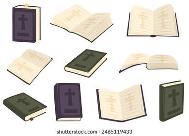 Christian Holy Bible Book. Vector illustrations depict a set of Holy Bible books that open, close, showing cover. Religious Text Containing Stories And Prophecies.