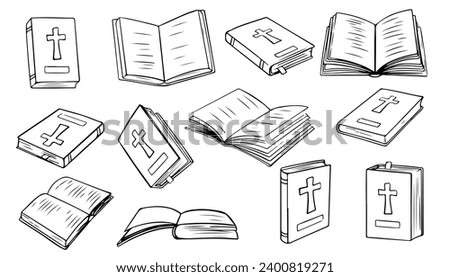 Christian Holy Bible Book. Vector illustrations depict a set of Holy Bible books that open, close, showing cover. Religious Text Containing Stories And Prophecies.