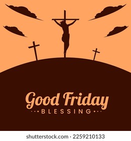 Christian holy week concept design. Silhouette Crucifixion of Jesus Christ on Calvary with three crosses. Good friday background, banner, card, poster, landscape and template. Vector art illustration.