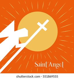 Christian icon concept. Freehand drawn stylized saint Angel with holy cross emblem. Church logo template element. Religious holiday symbol. Vector design of religion sign biblical banner background