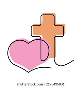 Christian icon Cross and heart in linear in color