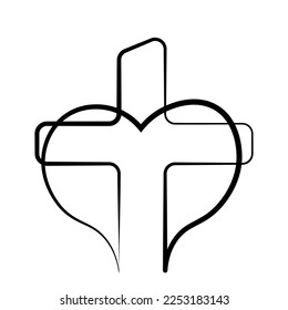 Christian icon Cross and heart in linear