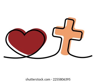 Christian icon Cross and heart in one line in color