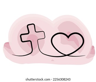 Christian icon Cross and heart in one line in watercolor