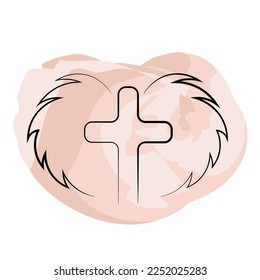 Christian icon Cross and Wings in linear in watercolor