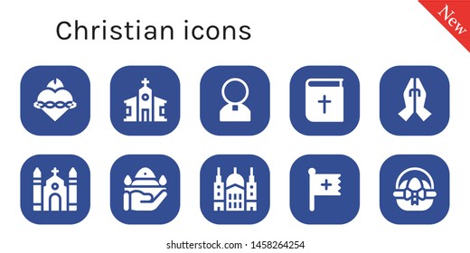 christian icon set. 10 filled christian icons.  Collection Of - Sacred heart, Church, Priest, Bible, Prayer, Pray, Saint paul, Christian, Easter egg