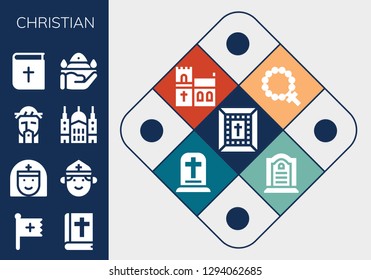  christian icon set. 13 filled christian icons. Simple modern icons about  - Bible, Christian, Nun, Priest, Jesus, Saint paul, Pray, Rosary, Church, Gravestone, Tombstone
