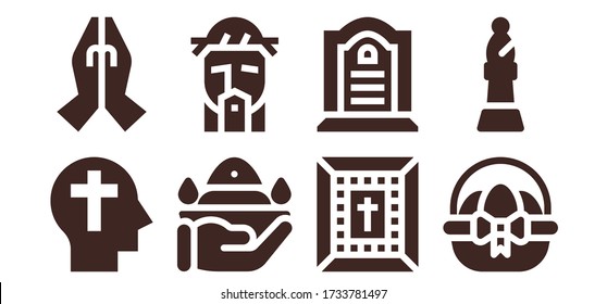 christian icon set. 8 filled christian icons.  Simple modern icons such as: Faith, Prayer, Pray, Jesus, Bible, Tombstone, Easter egg, Bishop