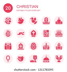 christian icon set. Collection of 20 filled christian icons included Dove, Cemetery, Chapel, Jainism, Prayer, Pope, Bible, Church, Tombstone, Funeral, Last supper, Vatican