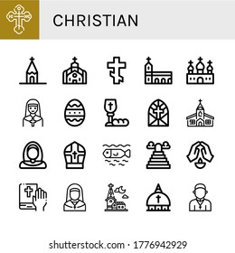 christian icon set. Collection of Orthodox cross, Church, Monastery, Nun, Easter egg, Communion, Stained glass window, Pope, Dead, Heaven, Prayer, Bible, Vatican, Priest icons