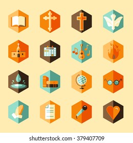 Christian icons on geometric hexagon shapes with various religious shapes and symbols