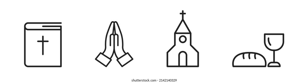 Christian icons set. Church and religious symbols. Bible, prayer, church, bread and wine. Faith in Jesus Christ. Vector illustration