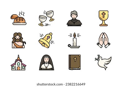 Christian Icons setzen in flachem Cartoon Design. Dieses Kunstwerk eines Zeichensatzes im Cartoon-Stil mit verschiedenen Elementen des Christentums. Vektorgrafik.