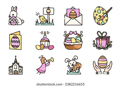 Christian icons set in flat cartoon design. The magic of Easter in this cartoon design icon set bring Christian elements to life in a charming way. Vector illustration.