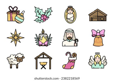 Christian icons set in flat cartoon design. Beautifully crafted icon set feature illustration in a charming cartoon design, celebrating the birth of Christ and Christianity. Vector illustration.