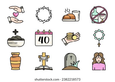 Christian icons set in flat cartoon design. Illustrated icon set feature elements of Christianity and the season of Lent, designed in a captivating cartoon style. Vector illustration.