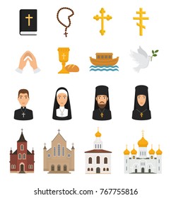 Christian icons vector christianity religion signs and religious symbols. church, faith, christ, bible, cross, hands praying to God illustration isolated on white background