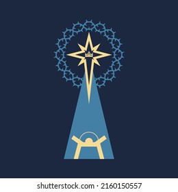 Christian illustration. Baby Jesus in the barn, from above the light of the star of Bethlehem. Nativity of the Savior Christ.