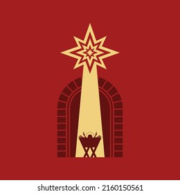 Christian illustration. Baby Jesus in the barn, from above the light of the star of Bethlehem. Nativity of the Savior Christ.