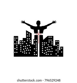 Christian illustration. Believer in Jesus against the background of the city