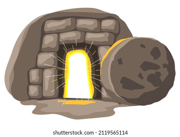 Christian illustration of burial cave. Happy Easter image.