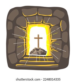 Christian illustration of burial cave. Happy Easter image.