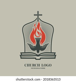 Christian illustration. Church logo. The cross of the Lord Jesus Christ, a dove in flame - as a symbol of the Holy Spirit of God, and an open Bible.