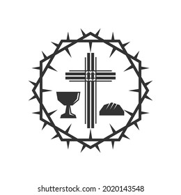 Christian illustration. Church logo. The cross of Jesus Christ, the chalice of the sacrament and the bread, framed with a crown of thorns.
