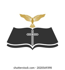 Christian illustration. Church logo. Cross of Jesus Christ, bible and dove.