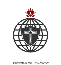 Christian illustration. Church logo. The cross of Jesus on the shield. The globe is a symbol of the world, the flame is a symbol of the Spirit.