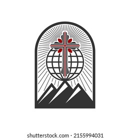 Christian illustration. Church logo. The cross of Jesus against the backdrop of a globe, mounted on a mountain.