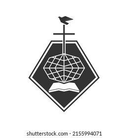 Christian illustration. Church logo. The cross of Jesus against the backdrop of a globe and an open bible, on top of a dove - a symbol of the Spirit.