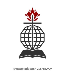 Christian illustration. Church logo. Cross against the background of a globe and an open bible. Above the flame is a symbol of the Holy Spirit of God.