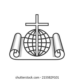 Christian illustration. Church logo. Scroll of Scripture, cross and globe.