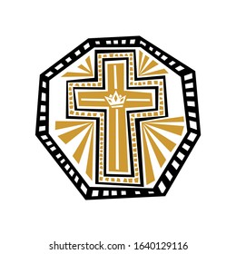 Christian illustration. Cross of Jesus Christ with graphic patterns. Radiance and rays.