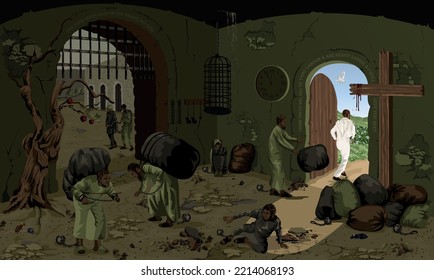 Christian illustration depicting men imprisoned in sin and freedom in the cross of Christ.  Chained men carry heavy loads in a grim prison setting, as a saved man walks through door in white to field.