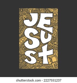 Christliche Illustration im Doodle-Stil. Eine Stilisierung des Wortes JESUS.