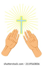 Christian illustration of hands folded in prayer. Happy Easter image.