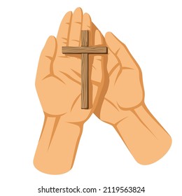 Christian illustration of hands holding cross. Happy Easter image.