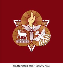 Christian illustration. The magnificent seal of the Holy Trinity: God the Father, God the Son and God the Holy Spirit. Indication of the symbols of the eternity of God - alpha and omega.
